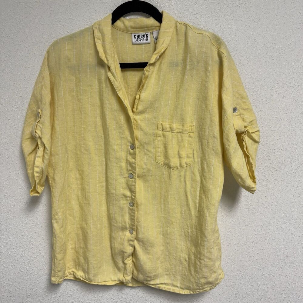 Chico's Top 1 Women's Medium Yellow 100% Linen Button-Front 3/4 Sleeve Shirt